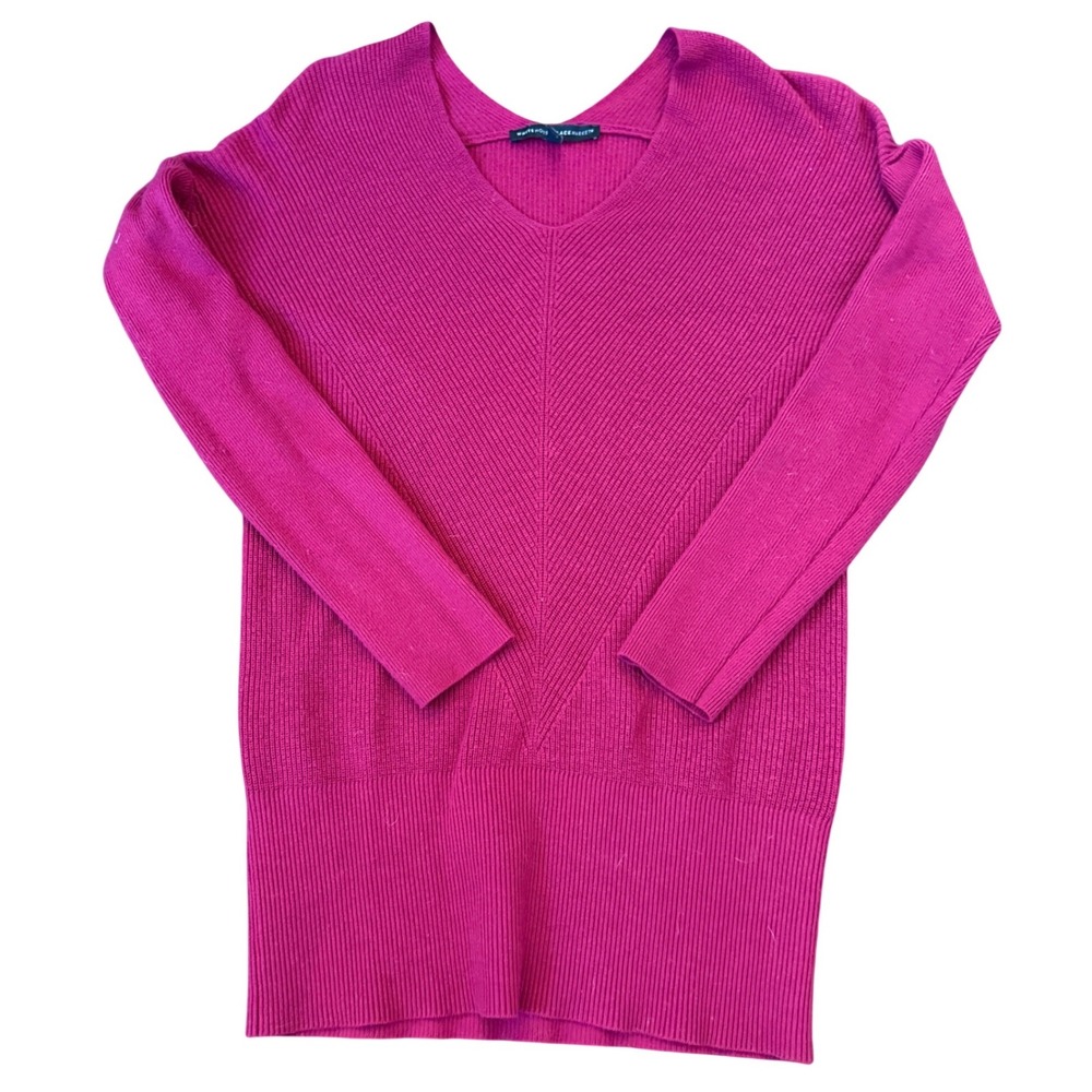 White House Black Market Wool Cashmere V Neck Ribbed Tunic Sweater M Red